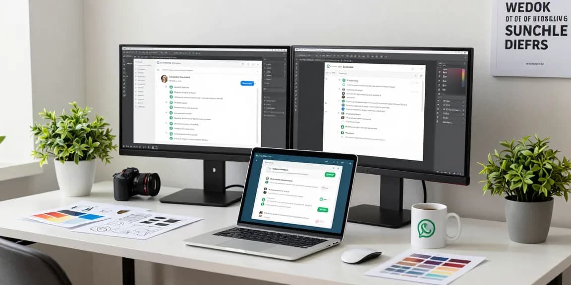 Designer using WhatsApp網頁版 in a modern home office, showcasing messaging design.