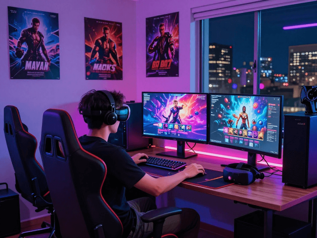 Engaging user immersed in playing porn games online at a modern gaming setup.
