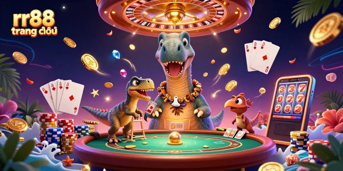 Experience the excitement of rr88 trang chủ with a lively 3D illustration featuring a brontosaurus and raptor in action at a casino.