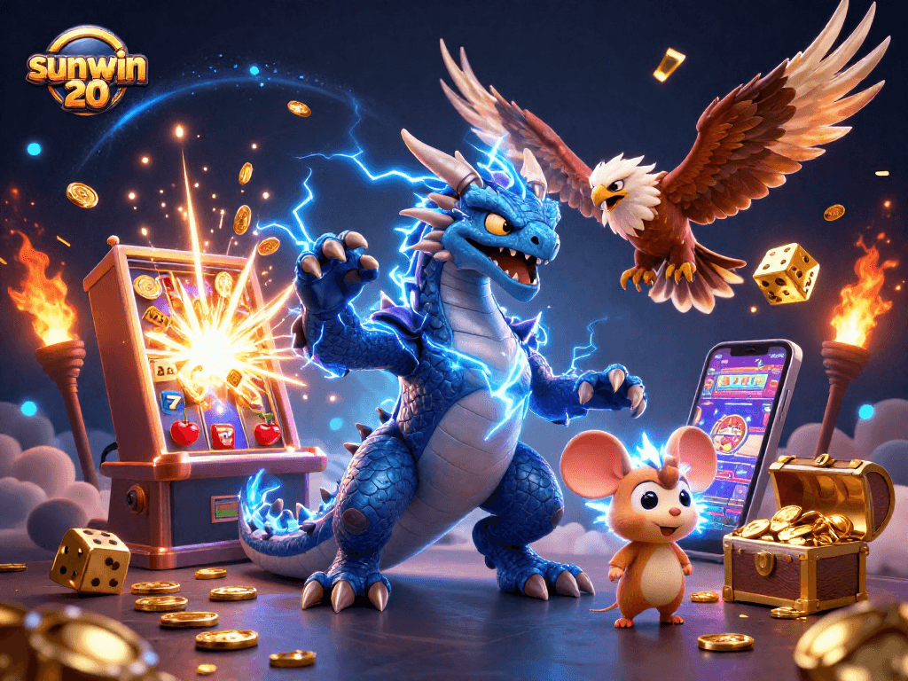Experience the thrill of sunwin 20 with a vibrant digital casino scene featuring a thunder dragon and dynamic game elements.