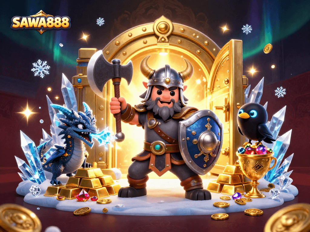 Engage in thrilling gameplay at SAWA888, featuring a Viking wolf warrior, dragon, and gemstones.