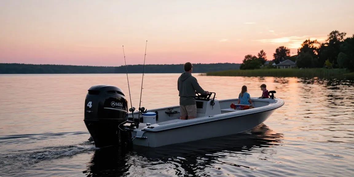 Discover 4 stroke outboard motor prices while enjoying a serene family boating experience on a tranquil lake.