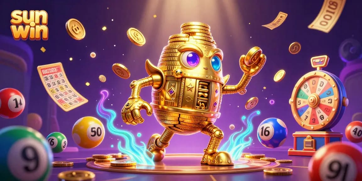 Experience the thrill of sun win with vibrant lottery elements and a golden golem in action.