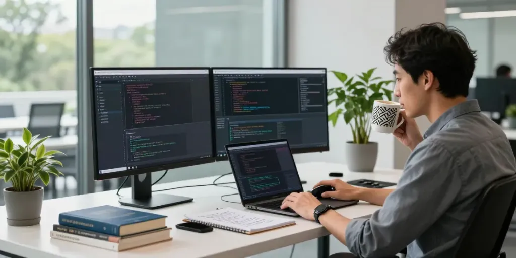 Website developer coding with instant indexing strategies in a modern workspace