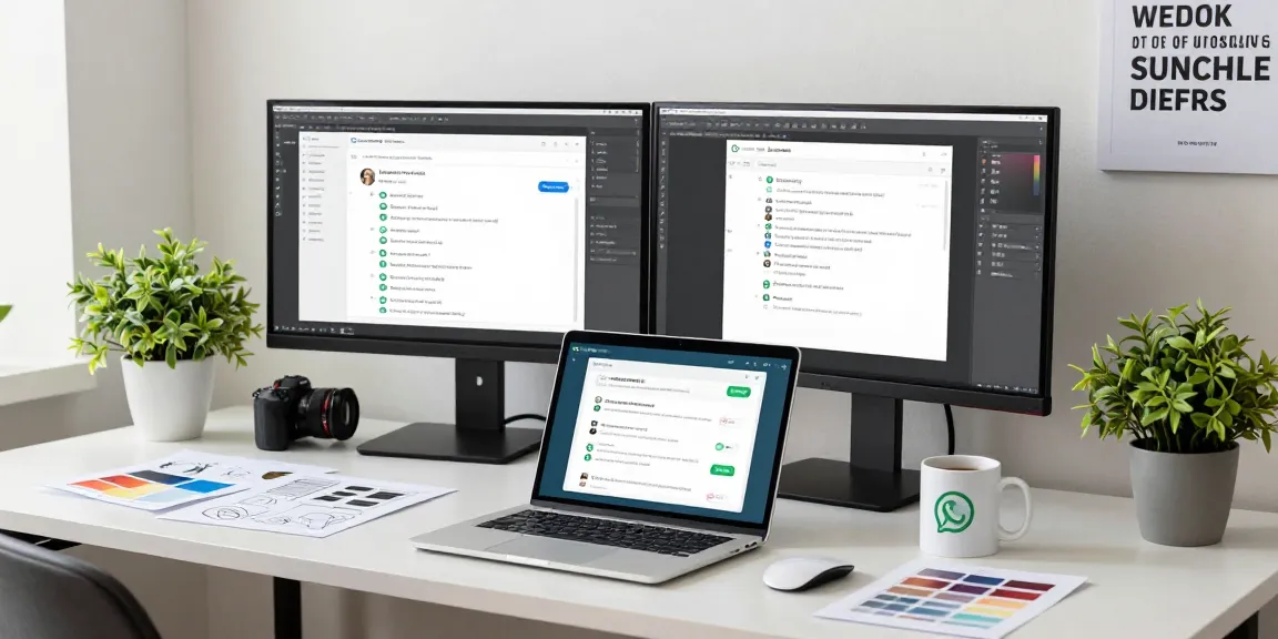 Designer using WhatsApp網頁版 in a modern home office, showcasing messaging design.