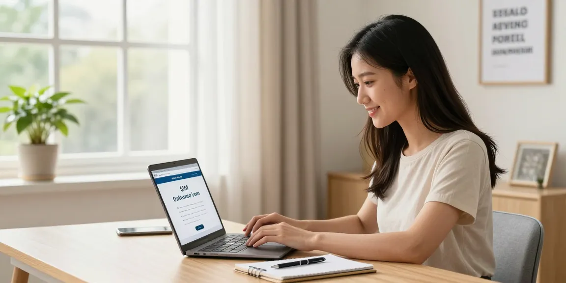 The image shows a woman applying for a $300 loan online at RadCred, with a warm home office setting and a laptop.
