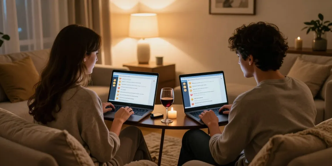 Couple engaging in a sex chat, cozy home setting with soft lighting and romantic details.