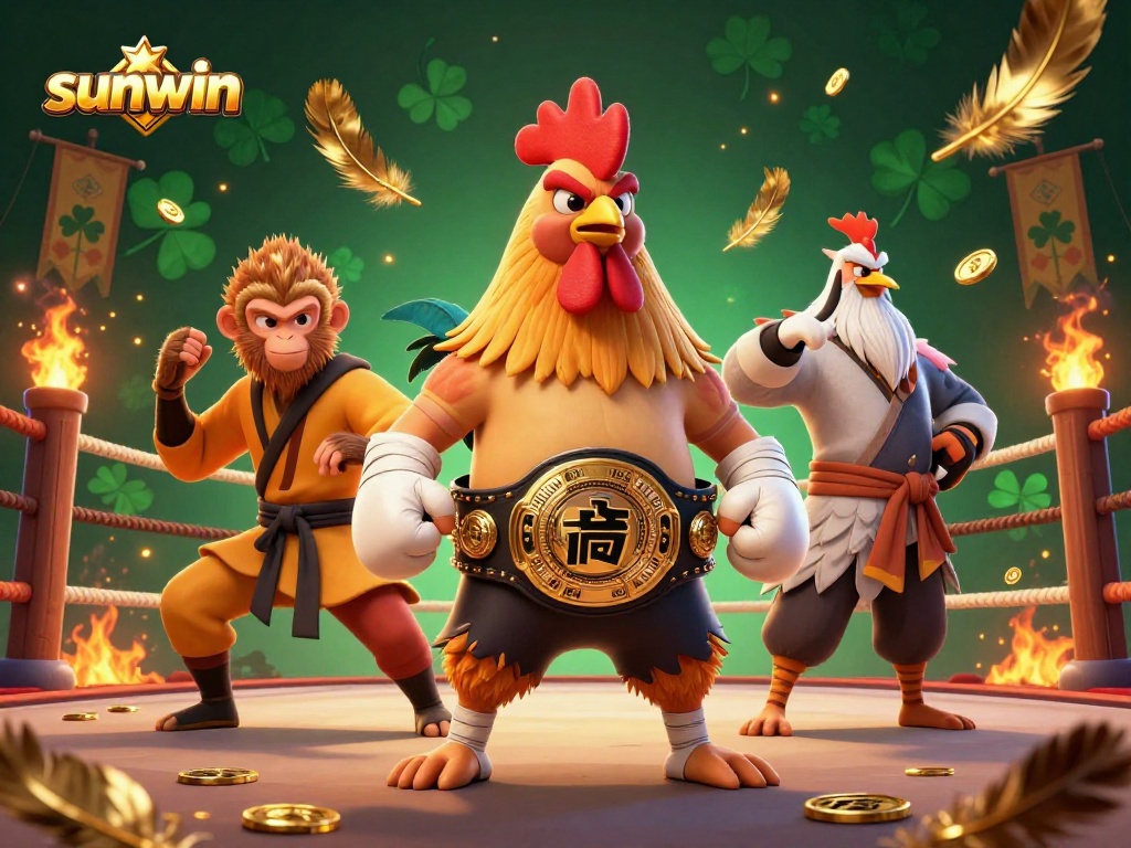 Bet on sunwin with intense characters battling in a vibrant 3D casino art scene.