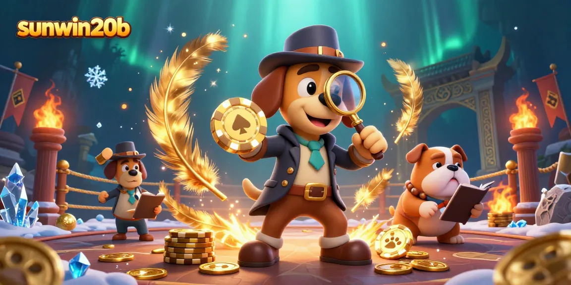 Engage with thrilling casino adventures at sunwin20b, featuring a bloodhound detective uncovering poker chip treasures amidst rich gambling elements.