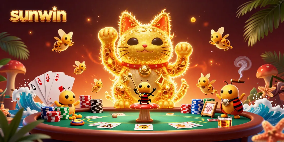 Engage with sunwin's thrilling gaming world featuring a lucky cat amid poker excitement.