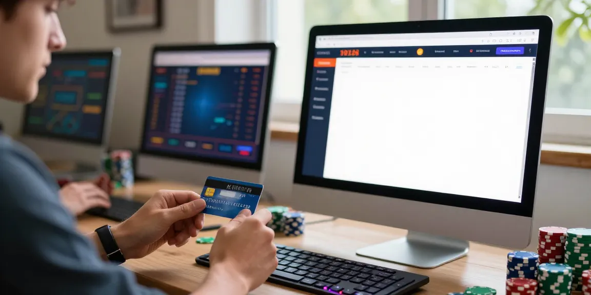 Excited player exploring the best credit card casinos online with a glowing computer setup.