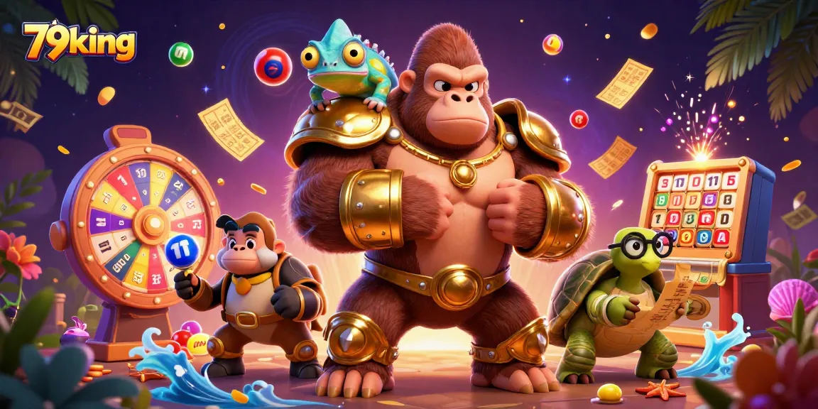 79king showcases vibrant lottery elements with a cartoon gorilla king in battle armor