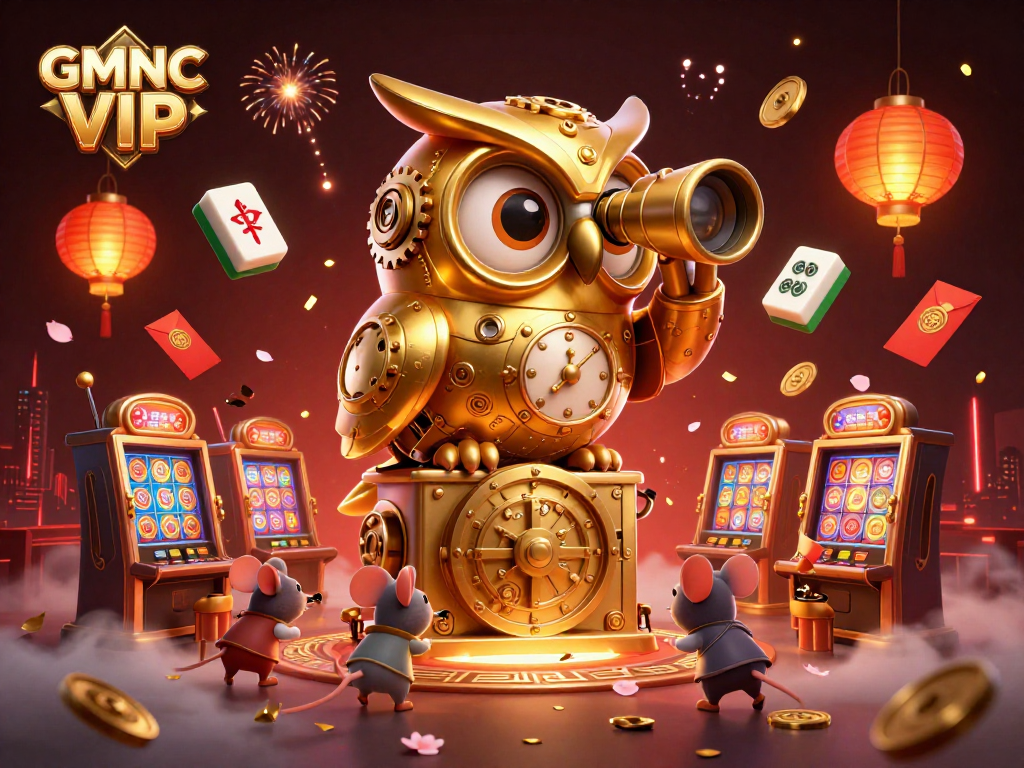 Experience GMNC VIP insights with a golden owl navigating a vibrant casino scene filled with gaming elements.