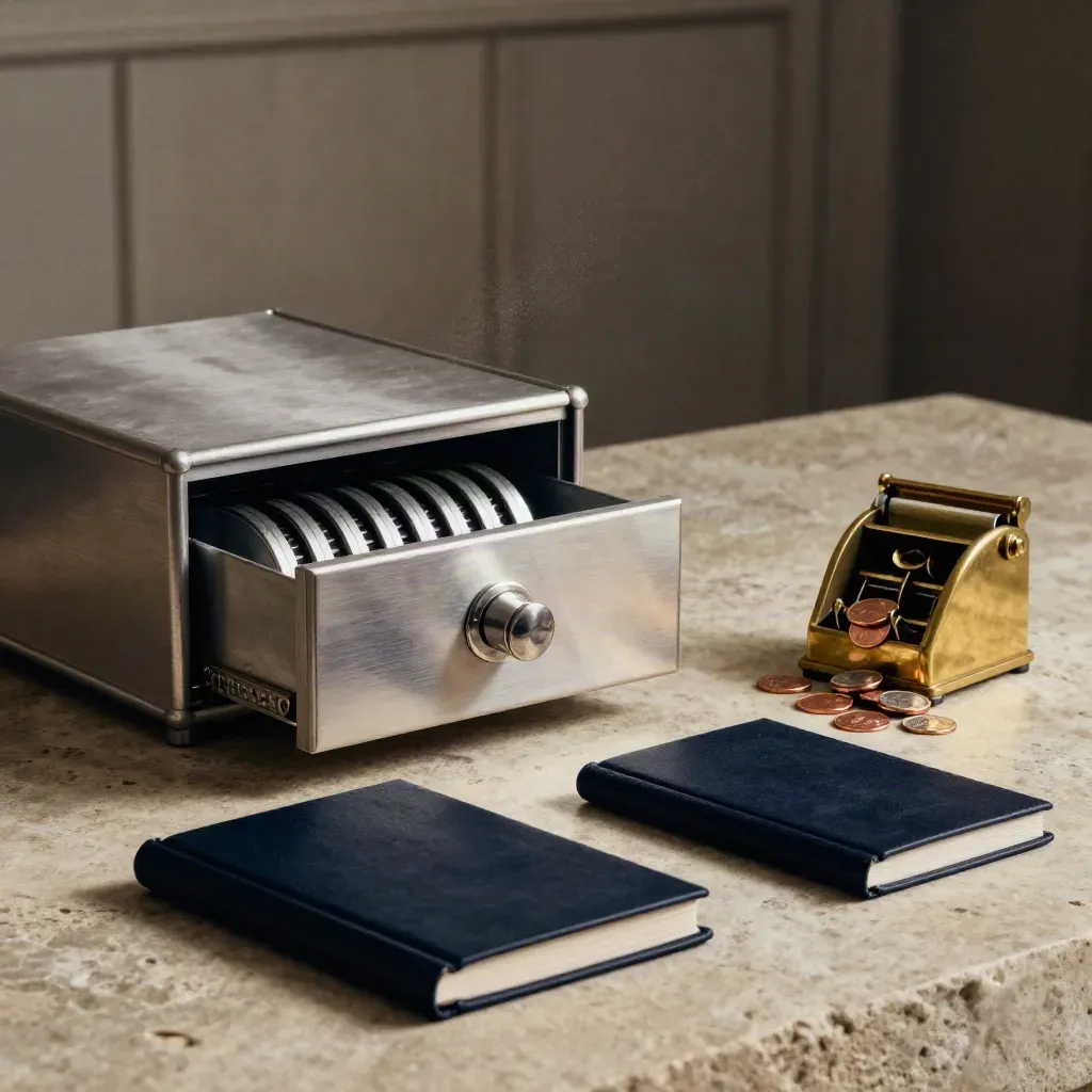 Brushed metal cash drawer, ledger tray, coin sorter and account book on pale stone in soft studio light.