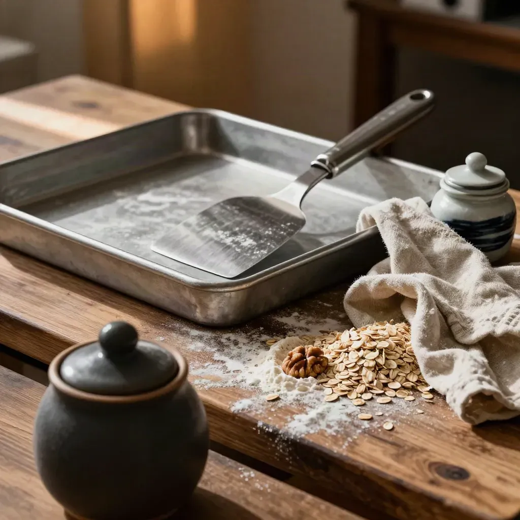 Bakery still life with dough scraper, proofing tray, linen cloth and sugar jar in dramatic light