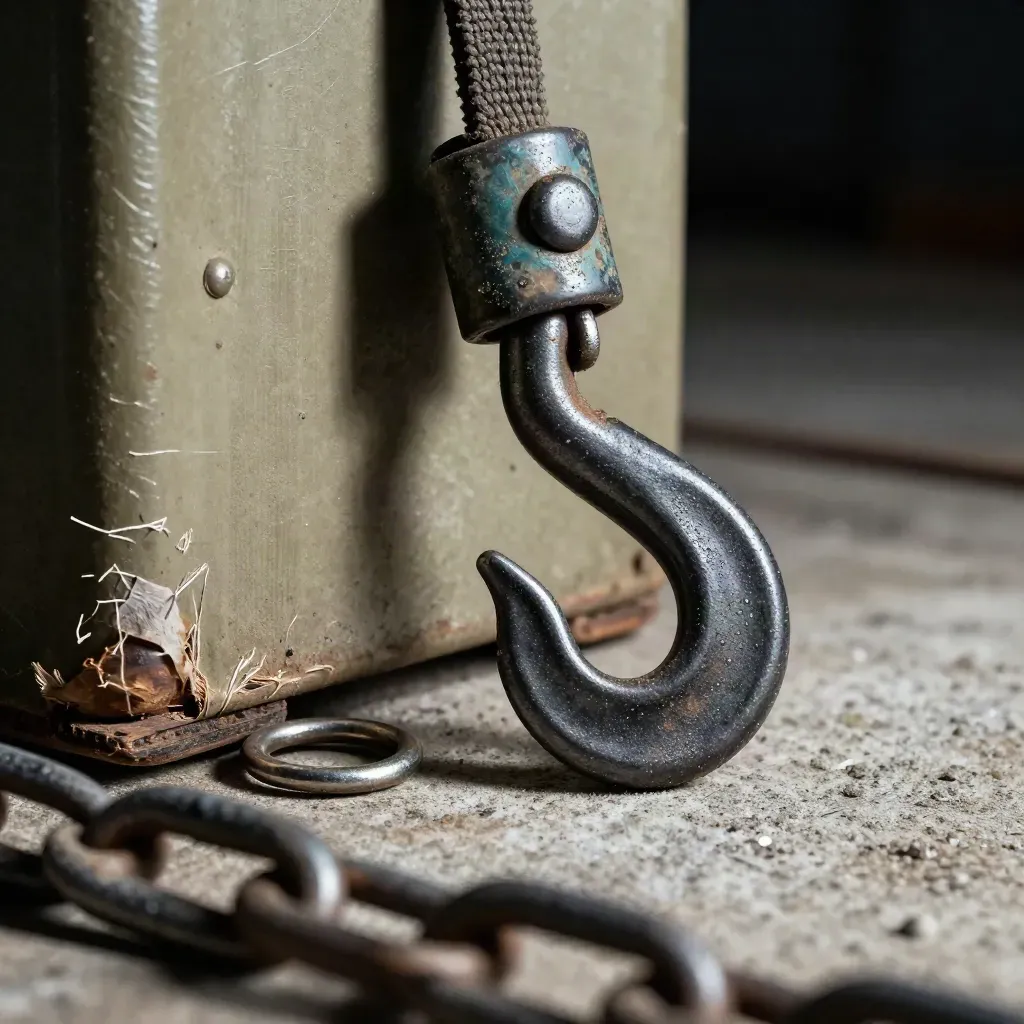 Macro still life of freight hardware on rough wood with a teal-scratched cargo seal