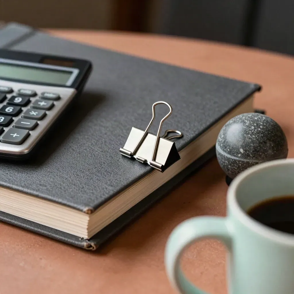 Macro still life of a closed forecast binder, calculator, clip and stone paperweight beside a mint mug rim.