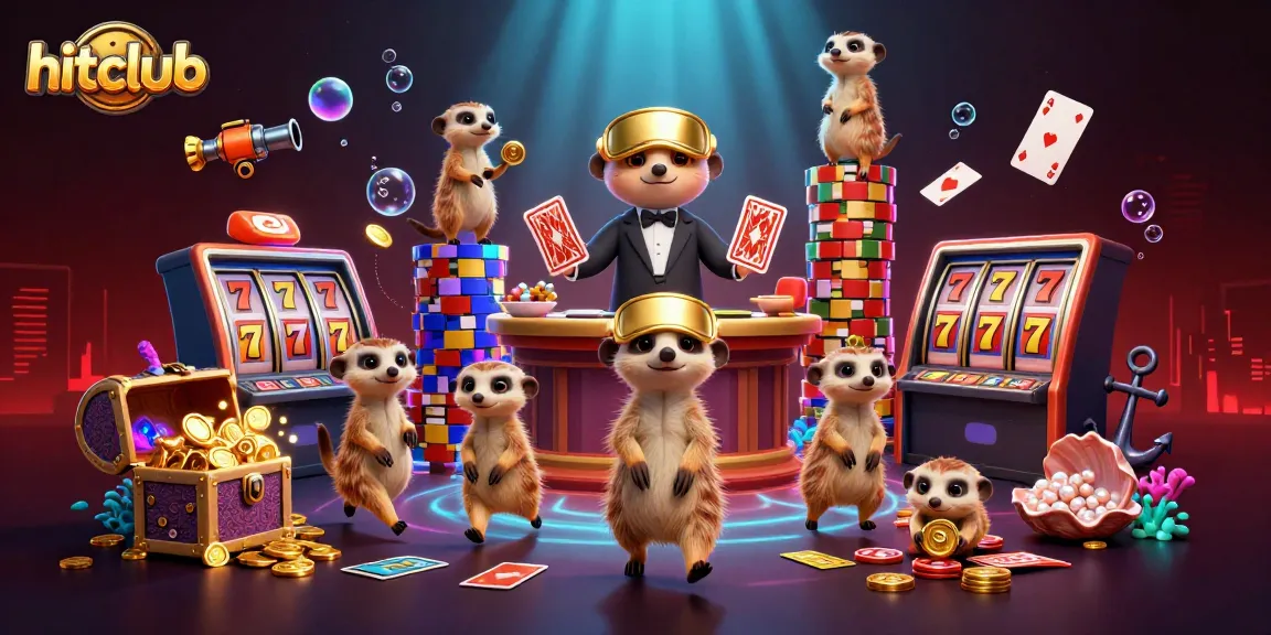 Engage in hitclub with a dynamic scene of meerkats managing a casino operation amidst vibrant treasures.