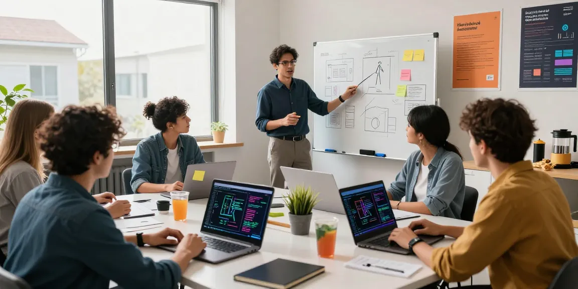 Collaborative workspace of AI startups 2026 featuring diverse professionals brainstorming on machine learning projects with laptops and whiteboards.