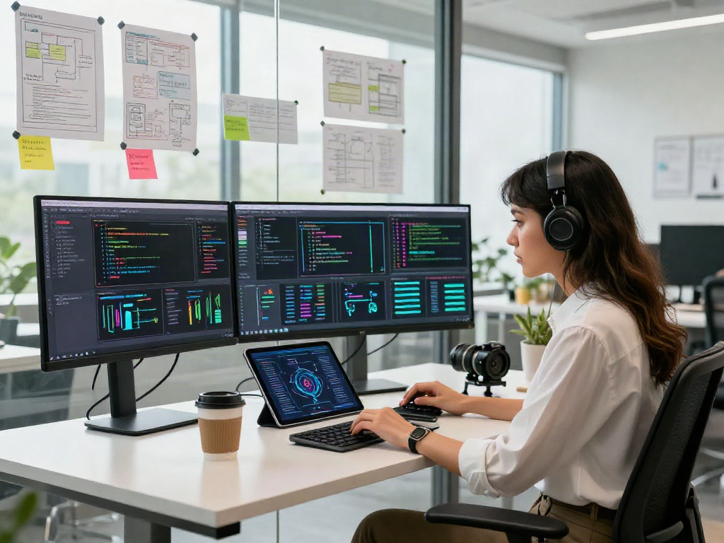 Software developer focused on advanced spicy ai project in bright modern workspace