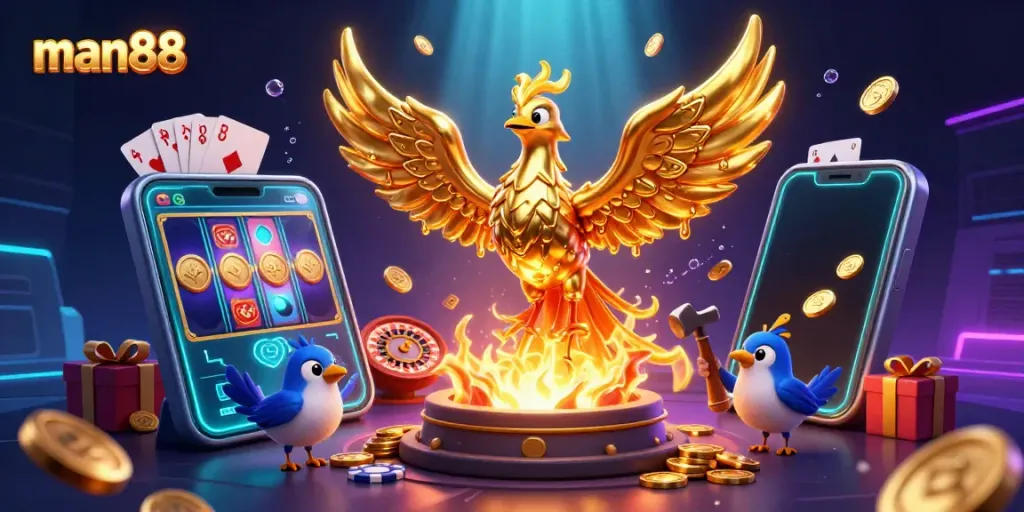 Experience the excitement of gaming with man88, showcasing a molten phoenix and vibrant casino elements.