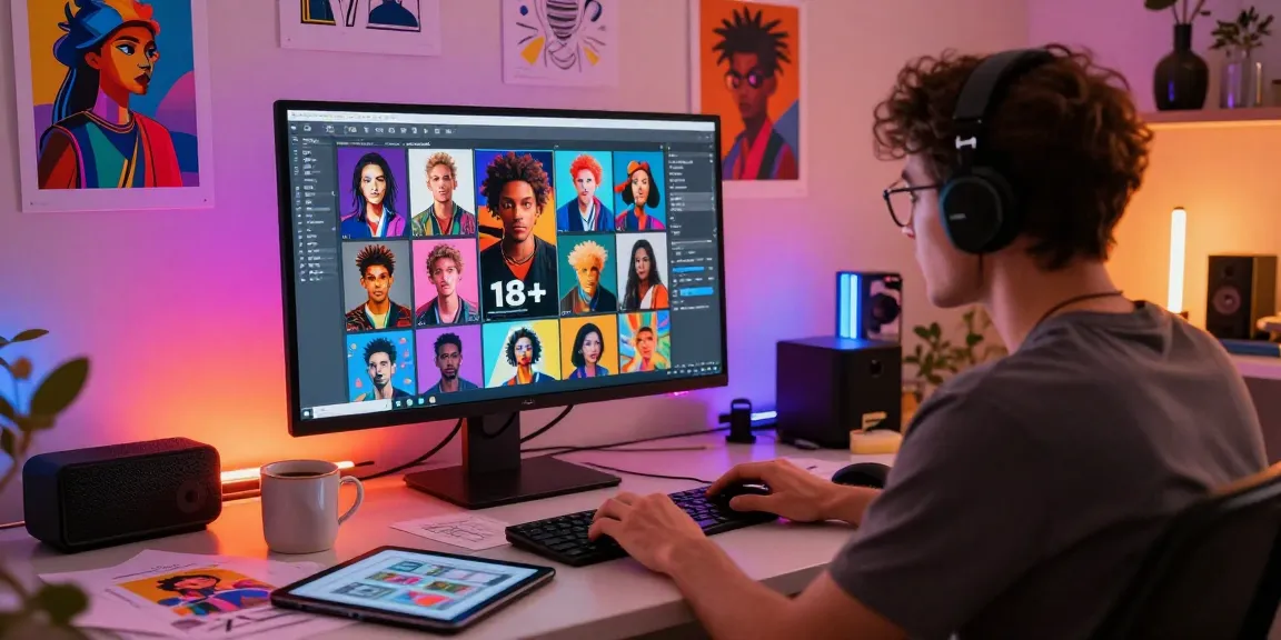 AI 18+ artist engaged in creative process, generating vibrant digital adult art.