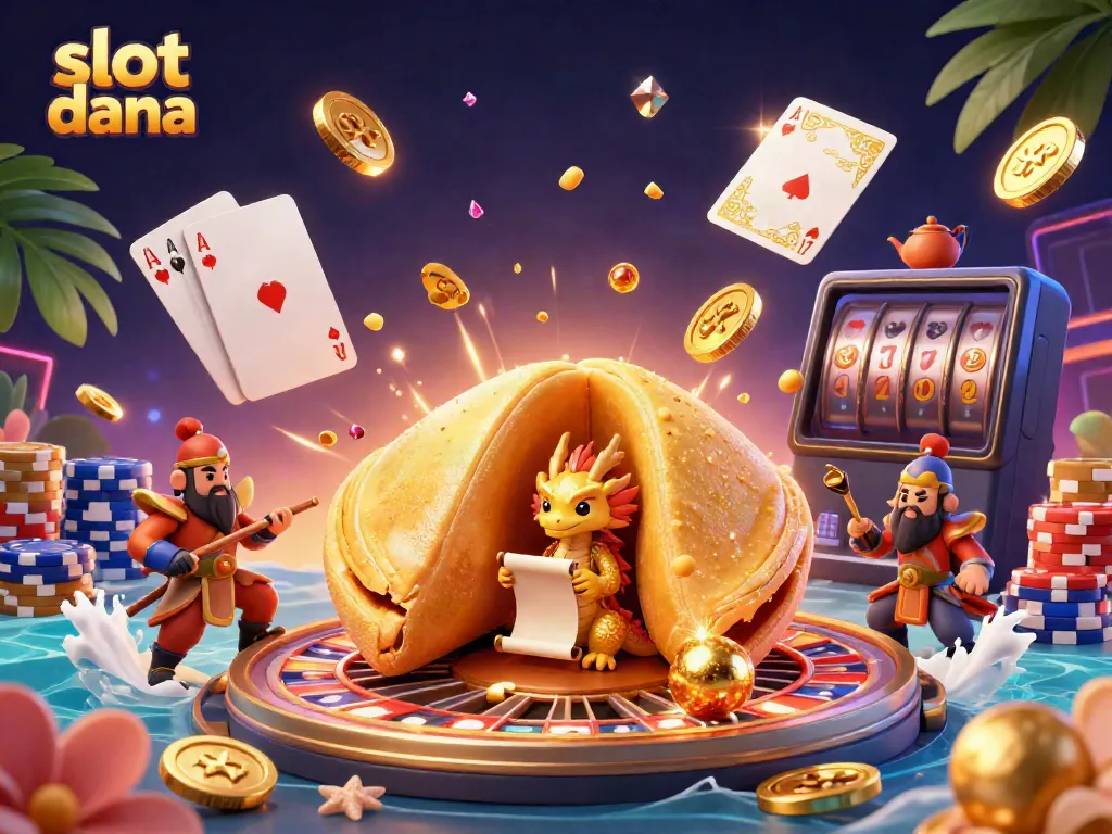 Experience the thrill of slot dana with a vibrant illustration of a golden fortune cookie and exciting casino elements.