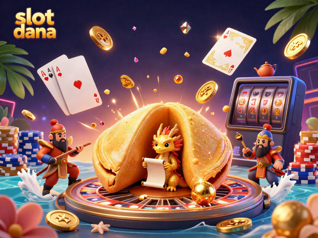 Experience the thrill of slot dana with a vibrant illustration of a golden fortune cookie and exciting casino elements.