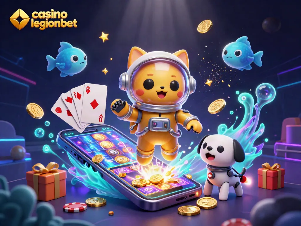 Spin and win at casino legionbet with 3D cat and robot dog in a dynamic gaming scene.