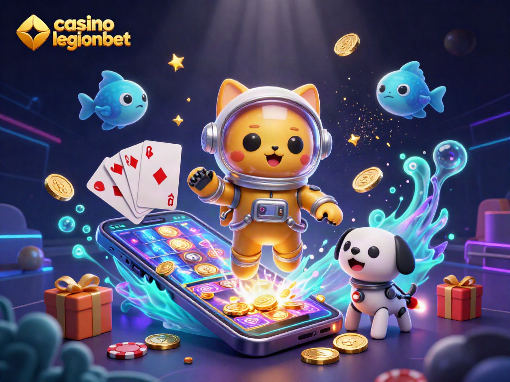 Spin and win at casino legionbet with 3D cat and robot dog in a dynamic gaming scene.