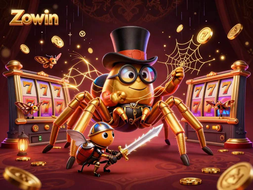 Zowin illustrates a golden tarantula weaving a web in an exciting casino setting.