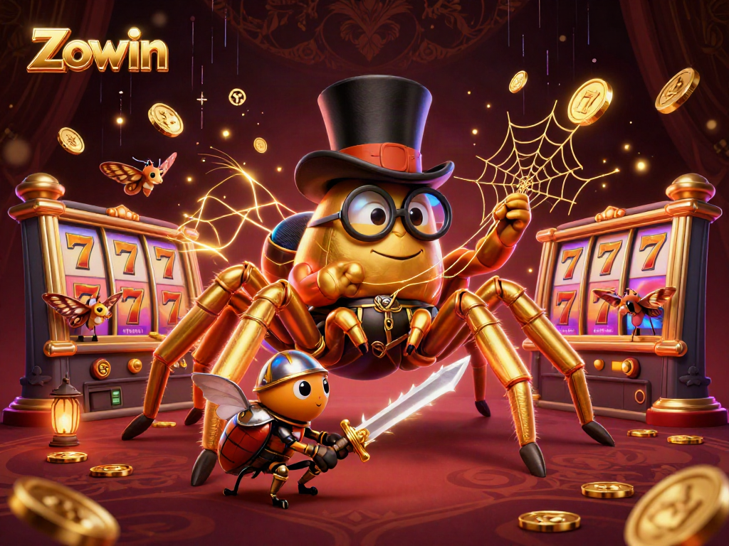 Zowin illustrates a golden tarantula weaving a web in an exciting casino setting.