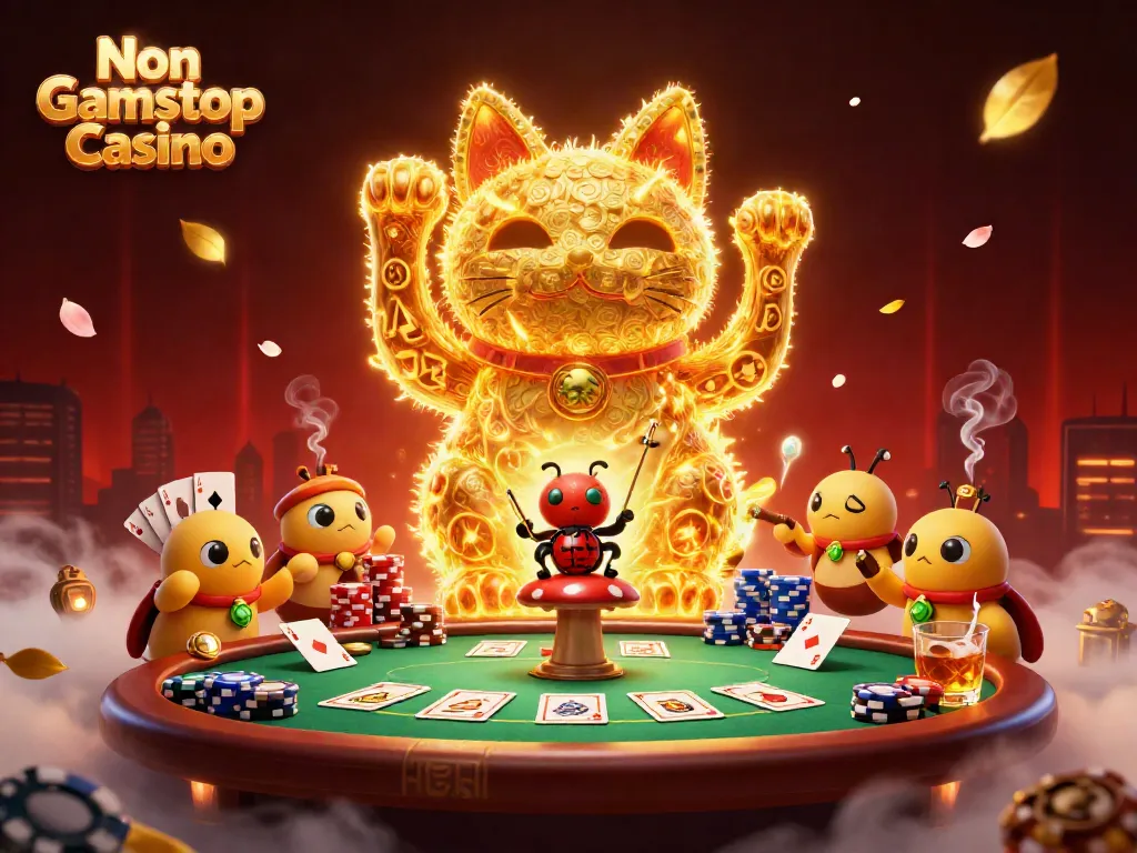 Engage with the Non Gamstop Casino atmosphere featuring a majestic lucky cat and vibrant poker elements.