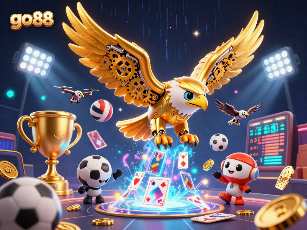 Experience excitement with go88 as a golden eagle dives through holographic cards, symbolizing dynamic betting.