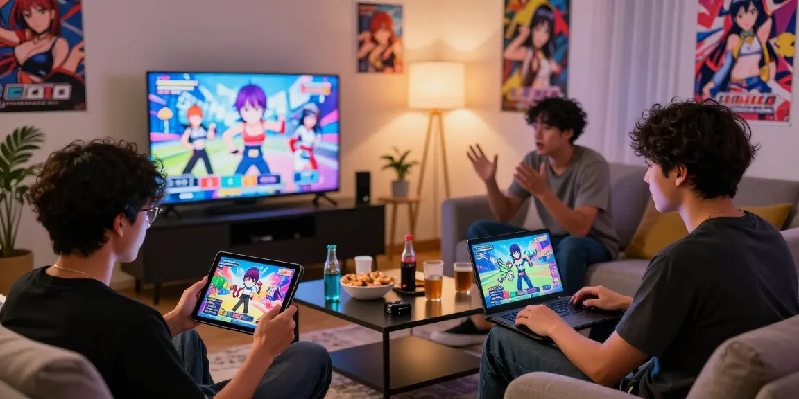 Engaged gamers enjoying ecchigames on different devices in a vibrant living room.