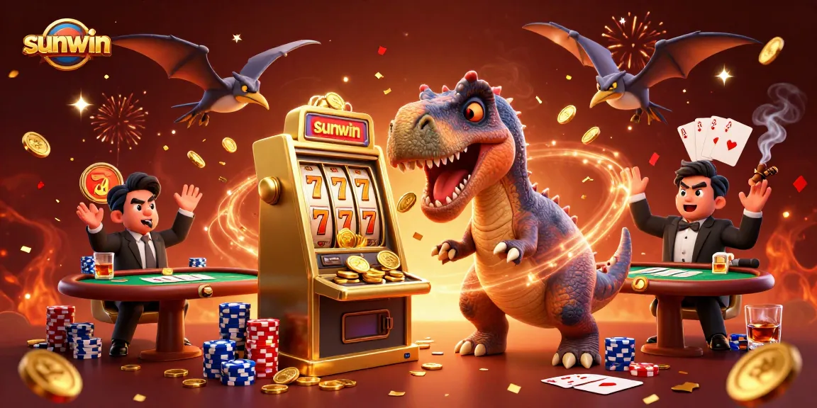 Experience sunwin's thrilling jackpot wins with cartoon dinosaurs in a lively casino scene.